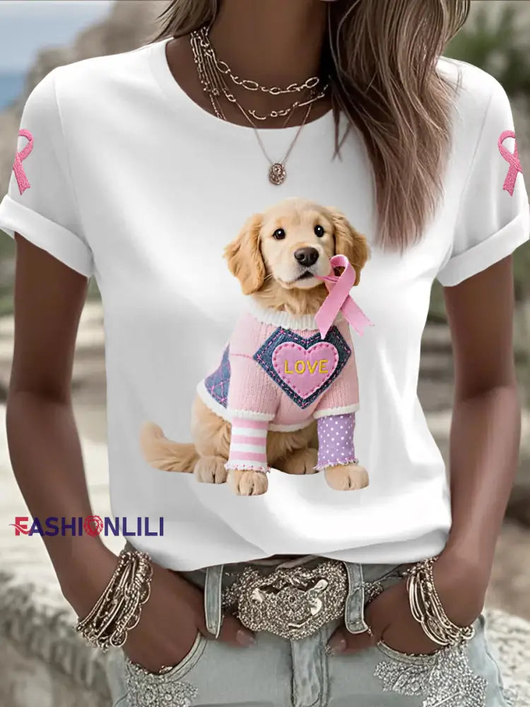 Women’s Pink Dog Pink Ribbon Breast Cancer Awareness Support Tee White / S