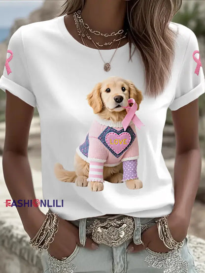 Women’s Pink Dog Pink Ribbon Breast Cancer Awareness Support Tee White / S