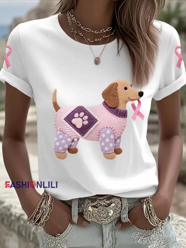 Women’s Pink Dog Pink Ribbon Breast Cancer Awareness Support Tee White / S