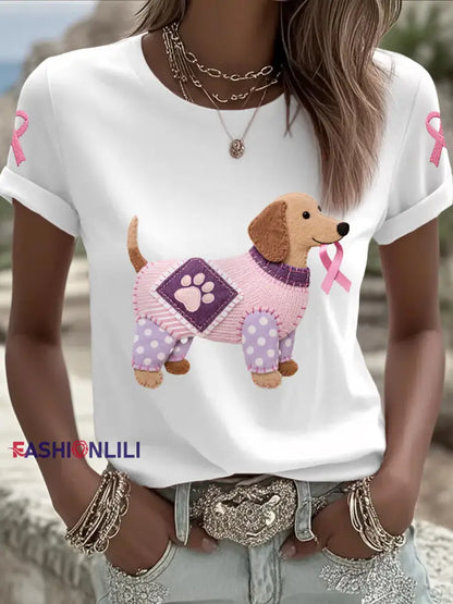 Women’s Pink Dog Pink Ribbon Breast Cancer Awareness Support Tee White / S