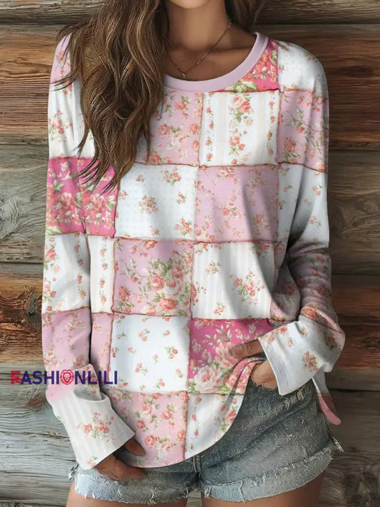Women’s Pink Floral Art Breast Cancer Awareness Long Sleeve Shirt As picture / S