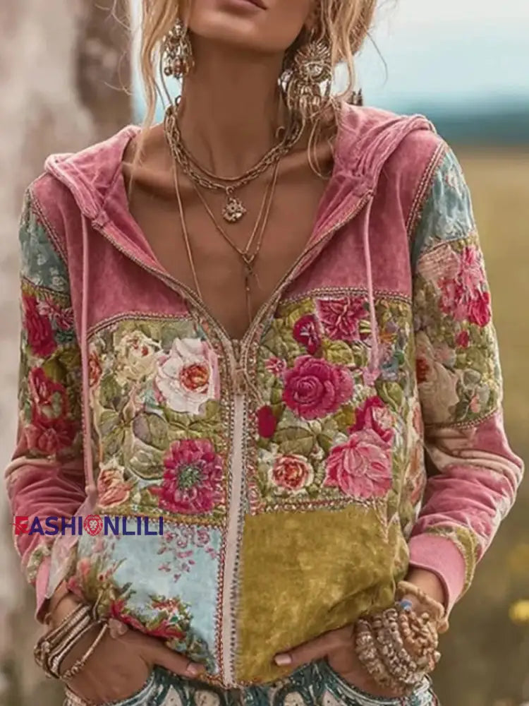 Women’s Pink Floral Print Casual Cardigan As picture / S