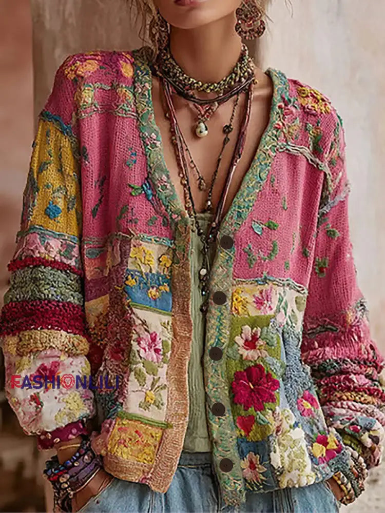 Women’s Pink Floral Print Casual Cardigan As picture / S