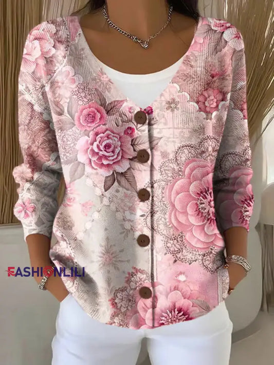 Women’s Pink Floral Print Casual Cardigan Pink / S