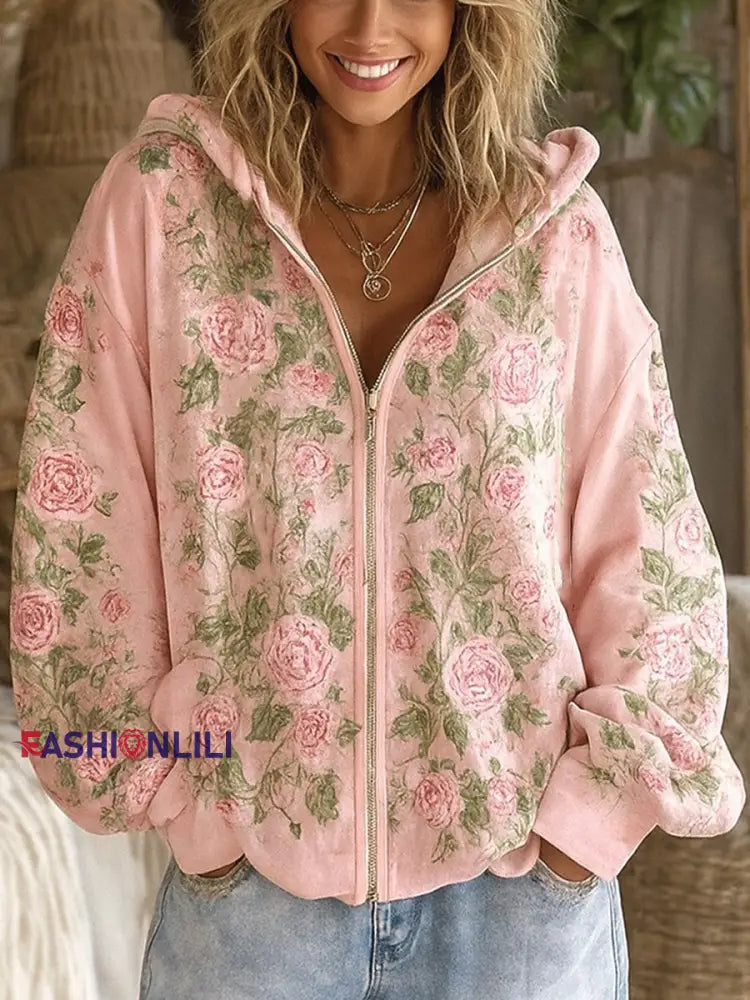 Women’s Pink Floral Print Casual Cardigan Pink / S