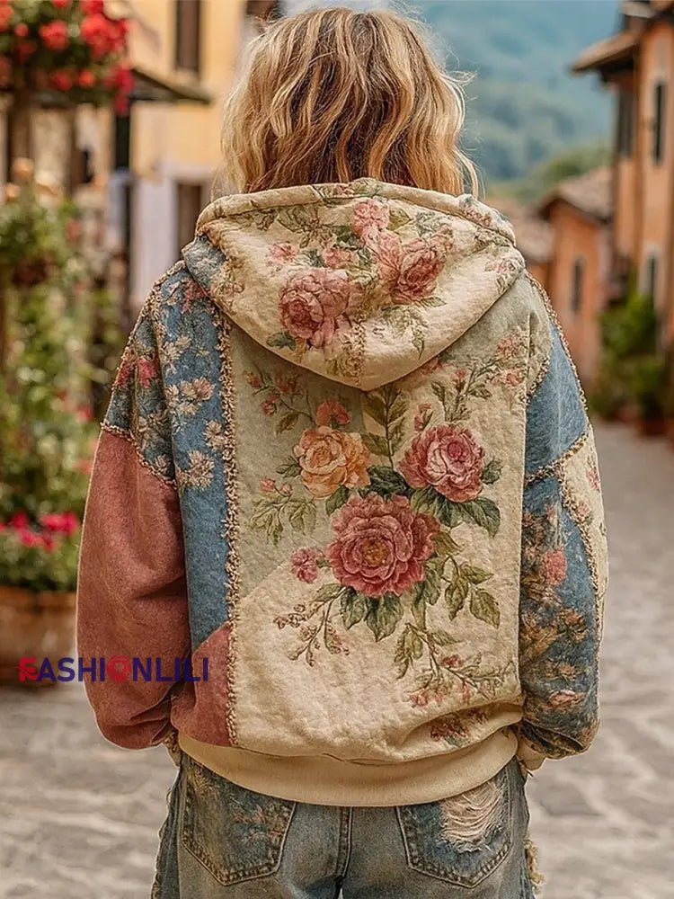 Women’s Pink Floral Print Casual Hoodie