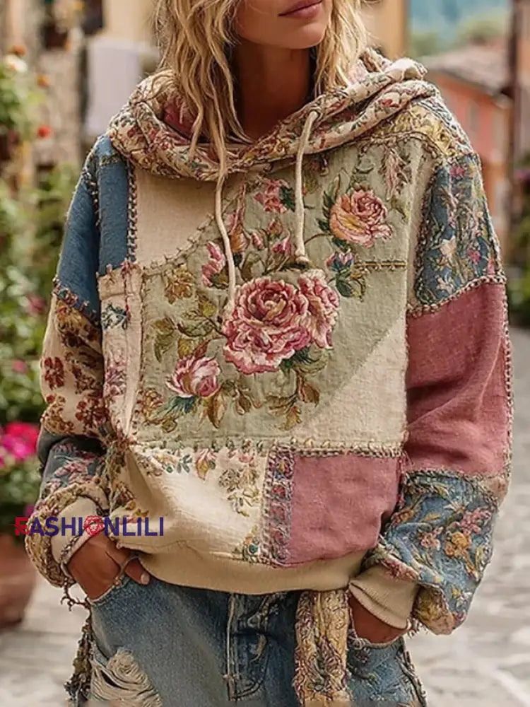 Women’s Pink Floral Print Casual Hoodie As picture / S
