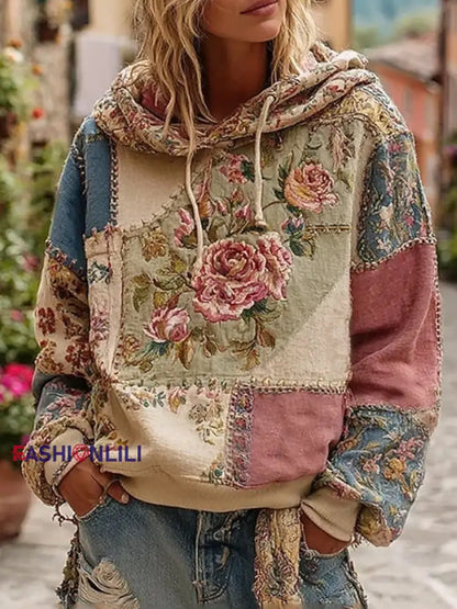 Women’s Pink Floral Print Casual Hoodie As picture / S