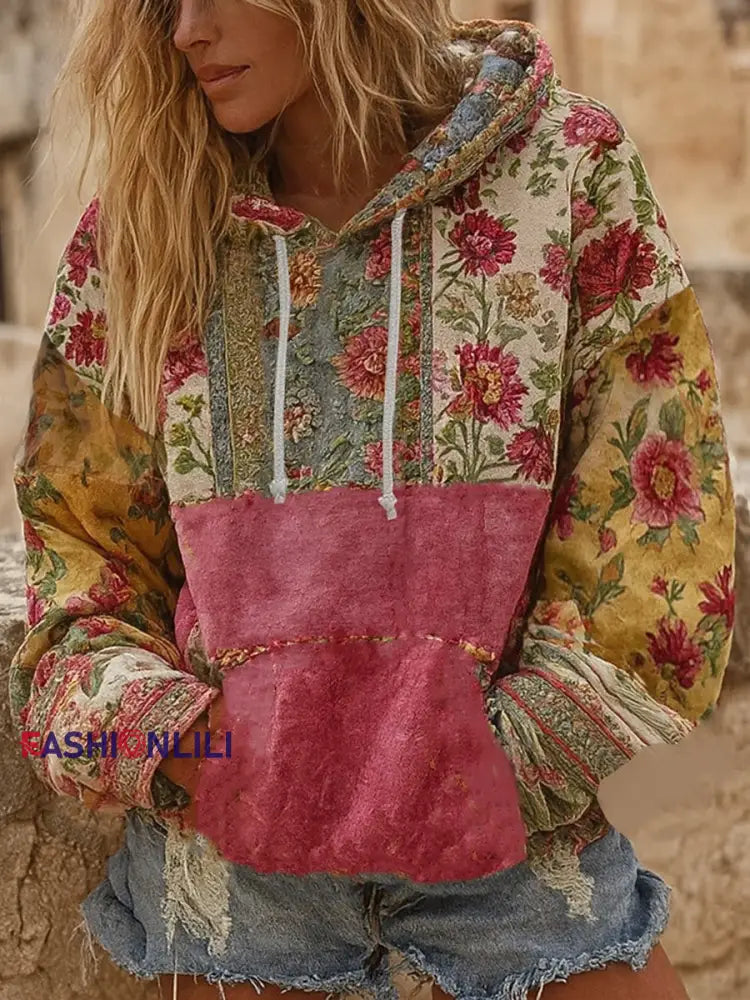 Women’s Pink Floral Print Casual Hoodie As picture / S