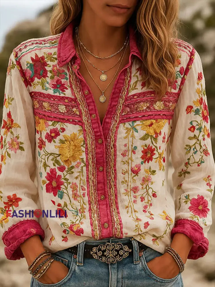 Women’s Pink Floral Print Casual Shirt As picture / S