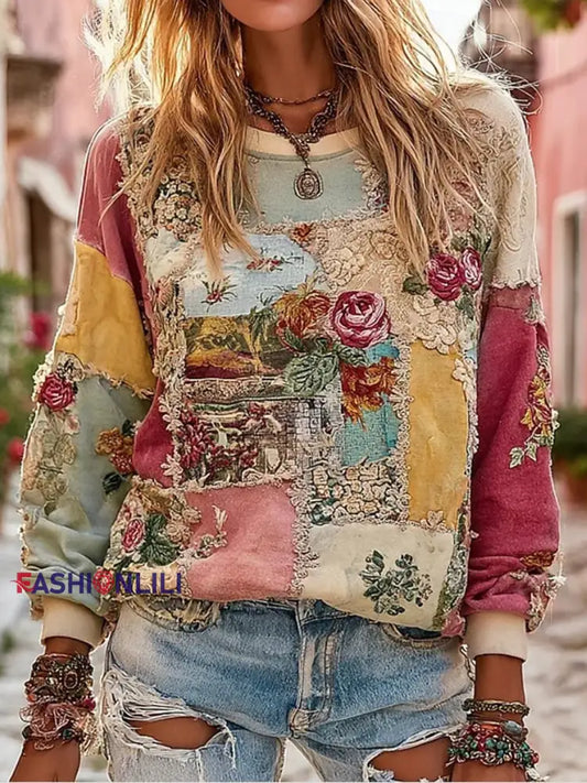 Women’s Pink Floral Print Casual Sweatshirt