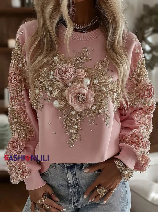 Women’s Pink Floral Print Casual Sweatshirt Pink / S