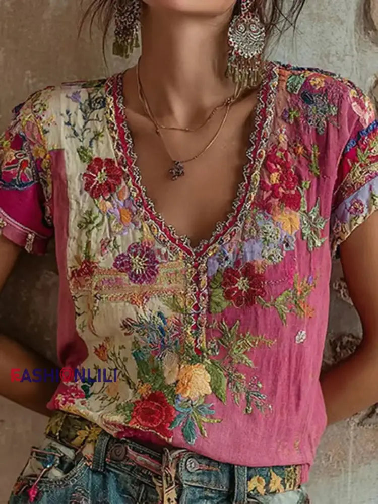 Women’s Pink Floral Print Casual T-shirt As picture / S