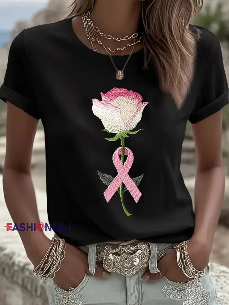 Women’s Pink Floral Print Casual T shirt Black / S