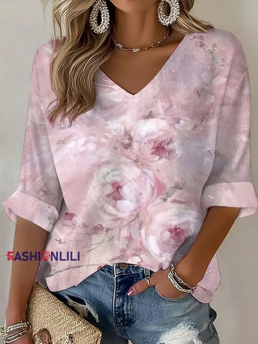 Women’s Pink Floral Print Casual T shirt Pink / S