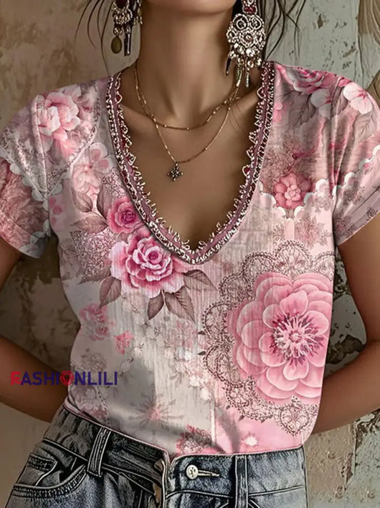 Women’s Pink Floral Print Casual T Shirt Pink / S