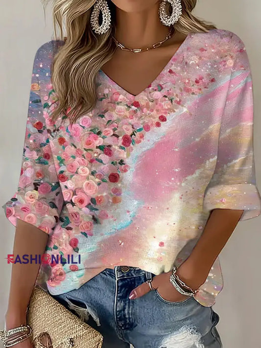 Women’s Pink Floral Print Casual T shirt Pink / S