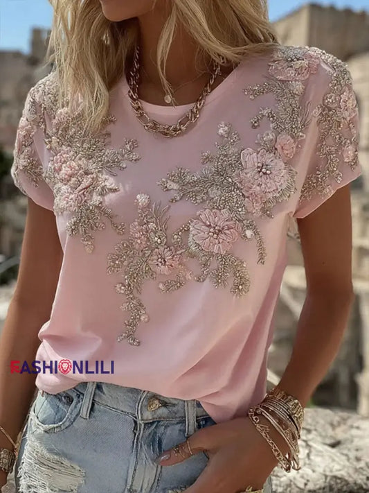 Women’s Pink Floral Print Casual T shirt Pink / S