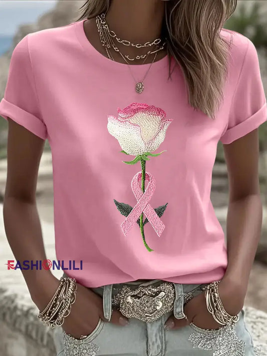 Women’s Pink Floral Print Casual T shirt Pink / S