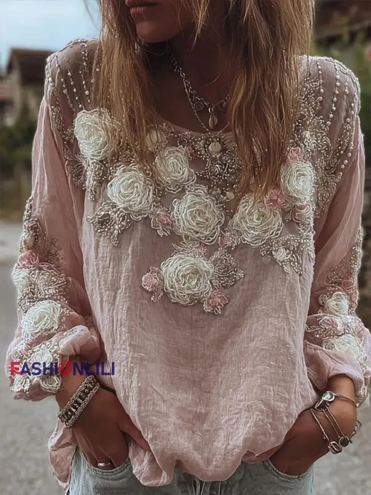 Women’s Pink Floral Print Casual T shirt Pink / S