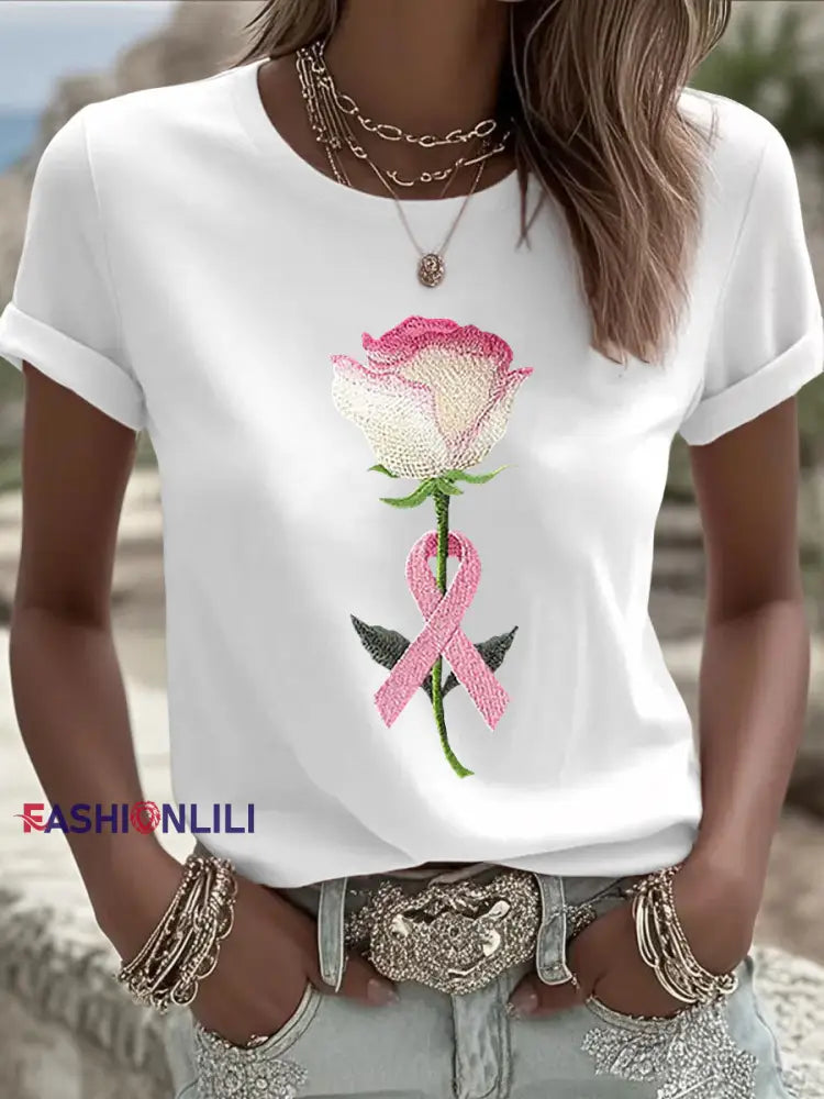 Women’s Pink Floral Print Casual T shirt White / S