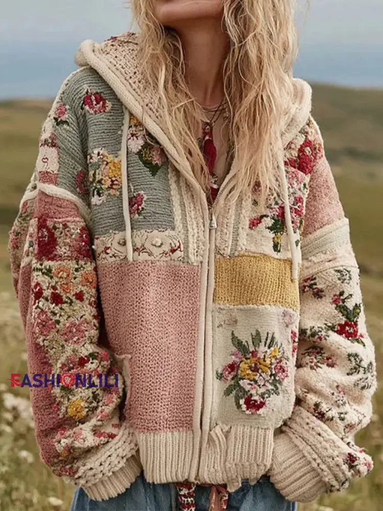 Women’s Pink Floral Print Casual Zip-Up Jacket Pink / S