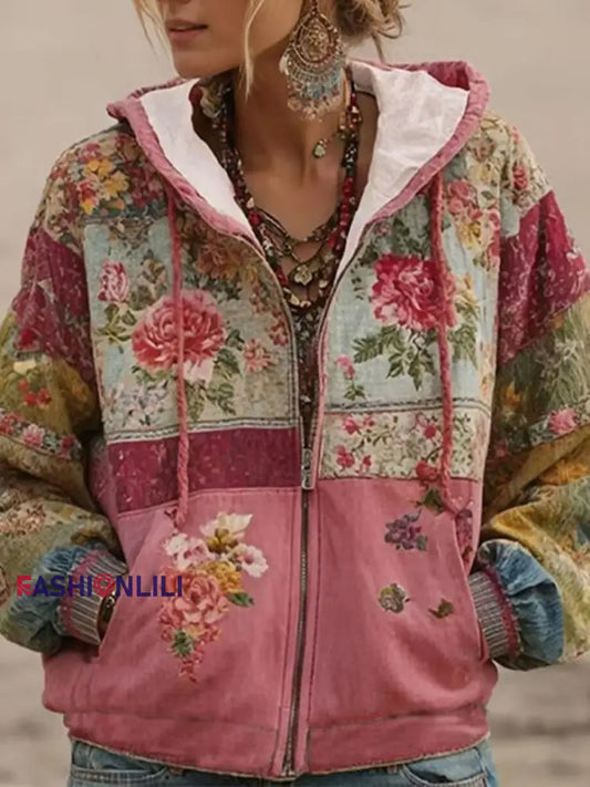 Women’s Pink Floral Print Casual Zip-Up Top Pink / S