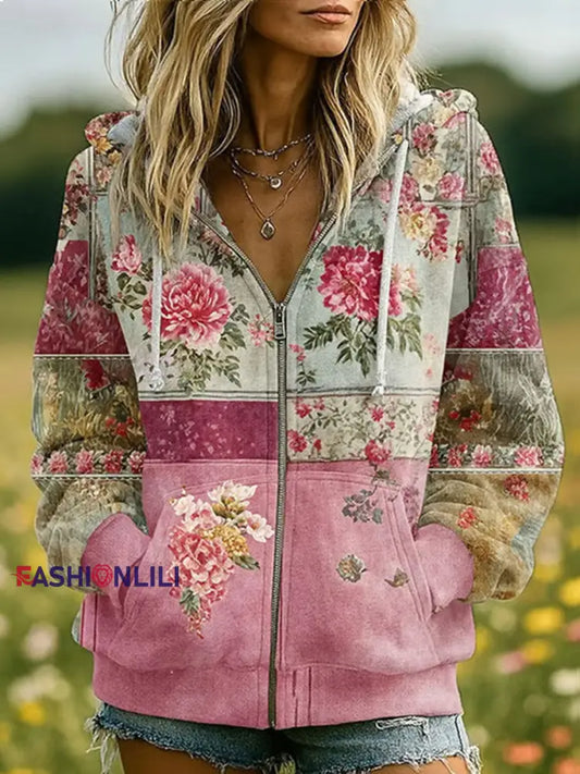 Women’s Pink Floral Print Casual Zip-Up Top Pink / S