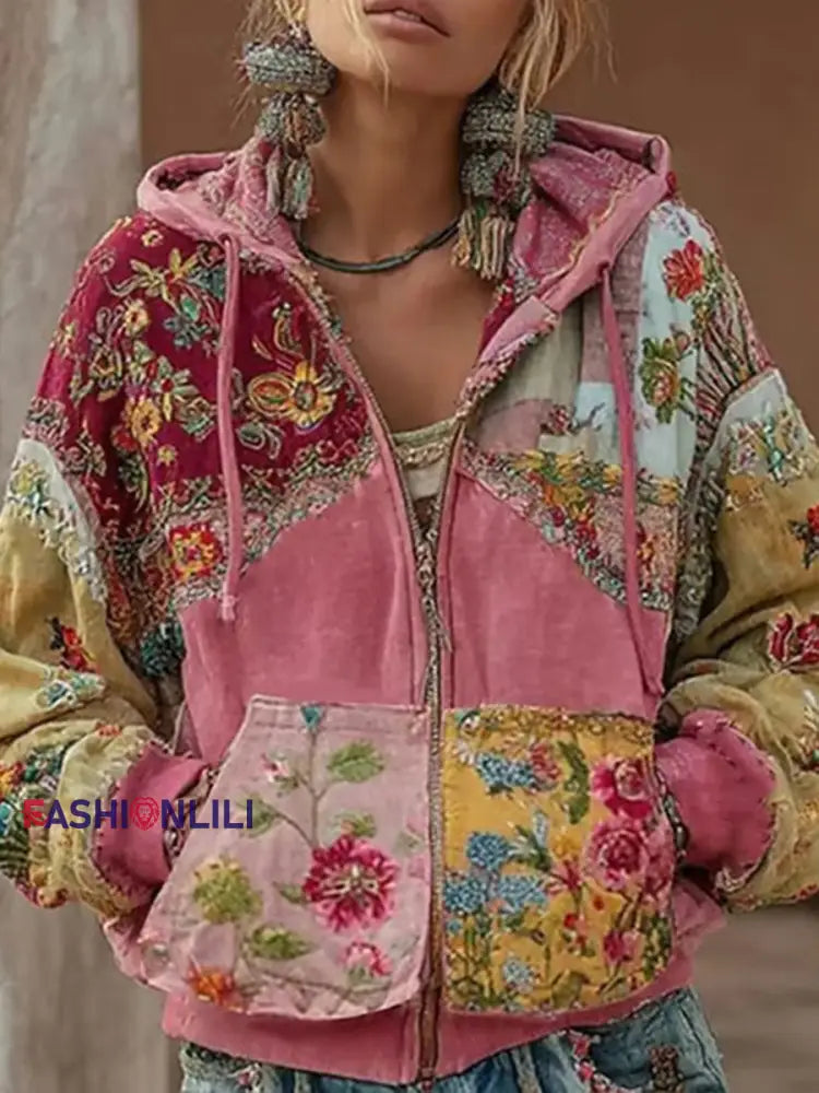 Women’s Pink Floral Print Casual Zip-Up Top Pink / S