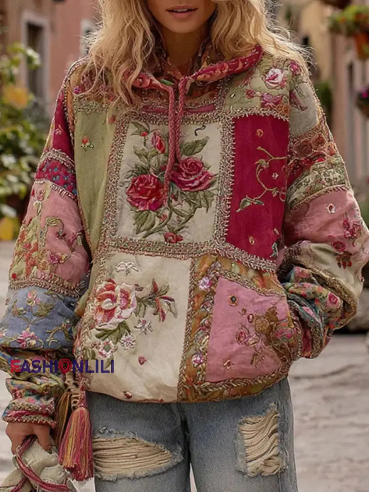 Women’s Pink Floral Print Hoodie As picture / S