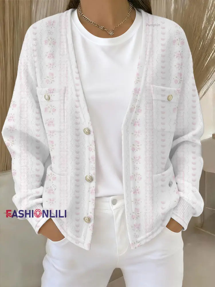 Women’s Pink Floral Print Pocket Cardigan As picture / S
