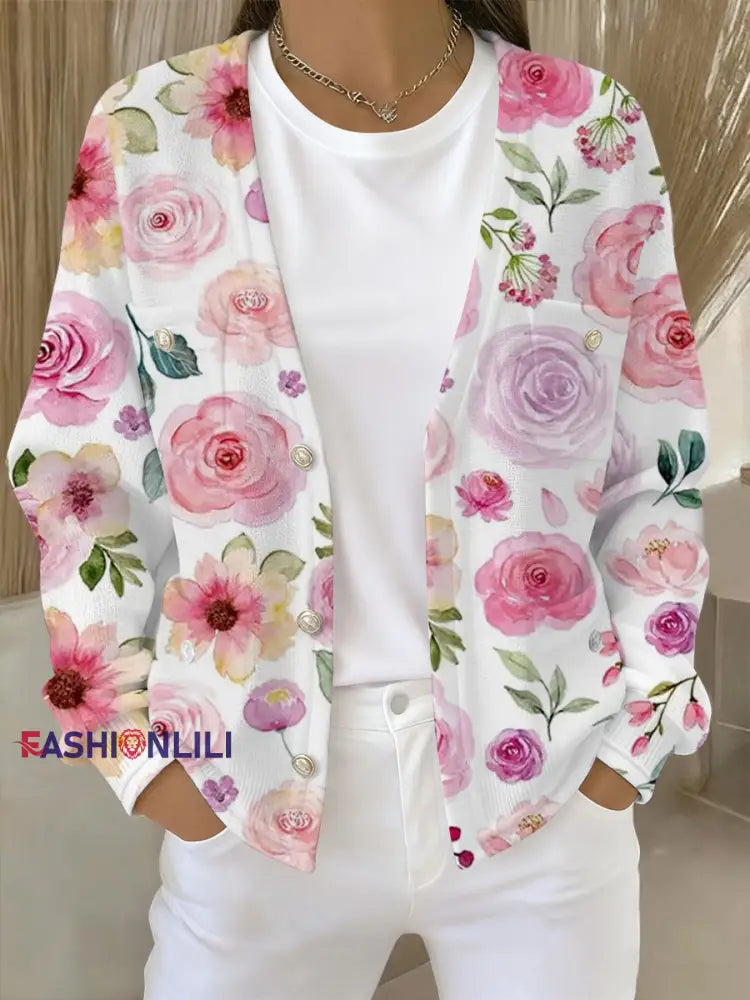 Women’s Pink Floral Print Pocket Cardigan As picture / S
