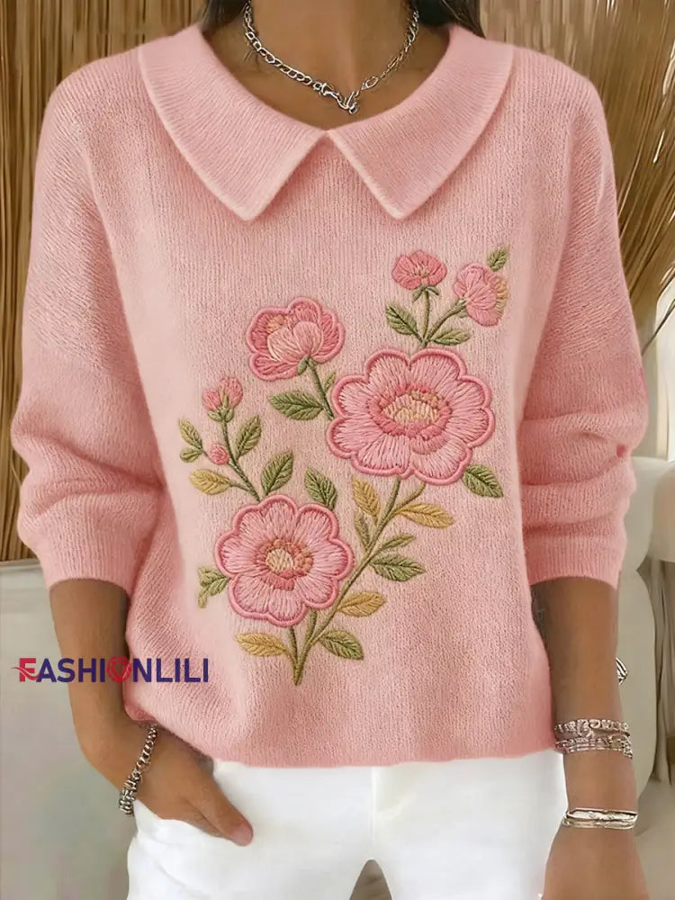 Women’s Pink Floral Printed Baby Doll Collar Top Pink / S