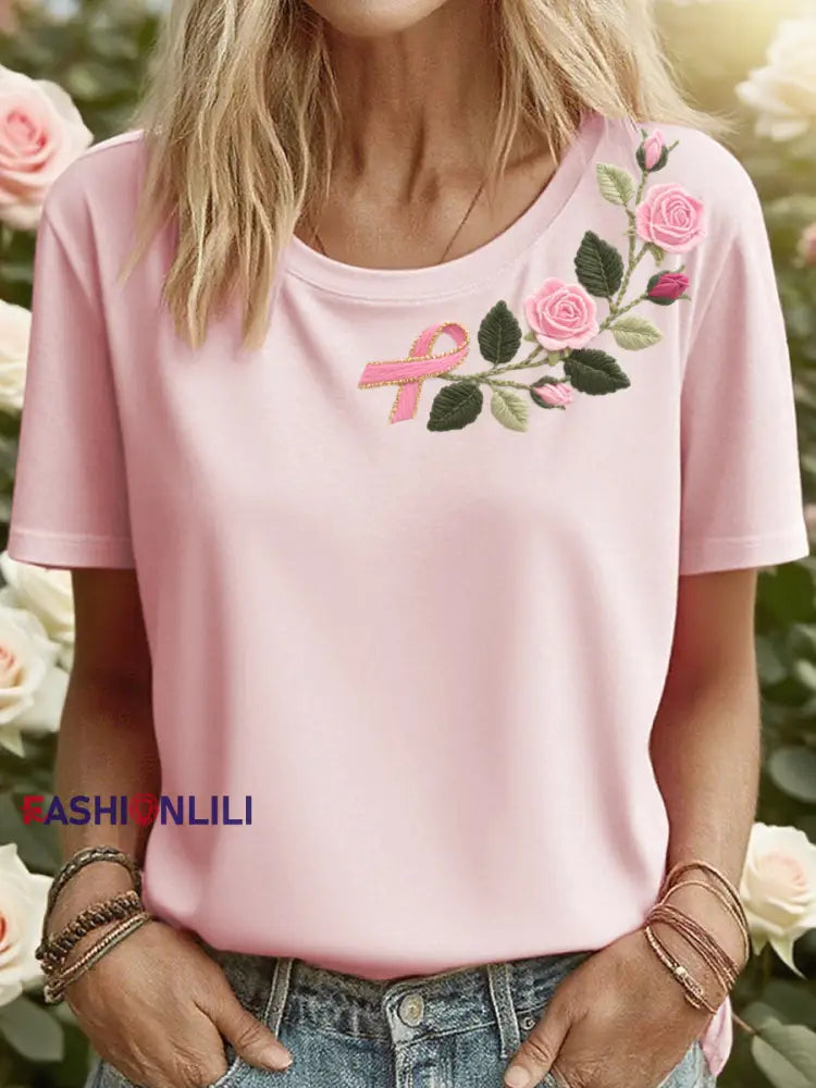 Women’s Pink Floral Ribbon Embroidered T-Shirt Pink / S