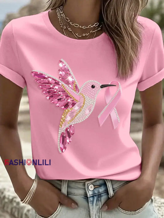 Women’s Pink Hummingbird and Ribbon Rhinestone Art T Shirt Pink / S