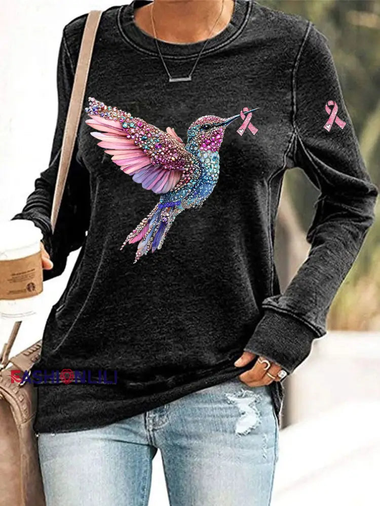 Women’s Pink Hummingbird Print Casual Sweatshirt Black / S