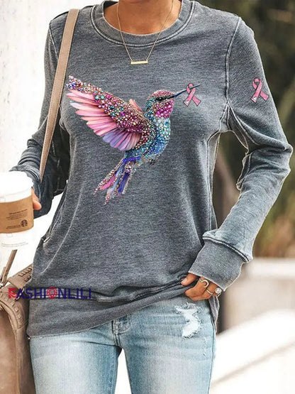 Women’s Pink Hummingbird Print Casual Sweatshirt Gray / S