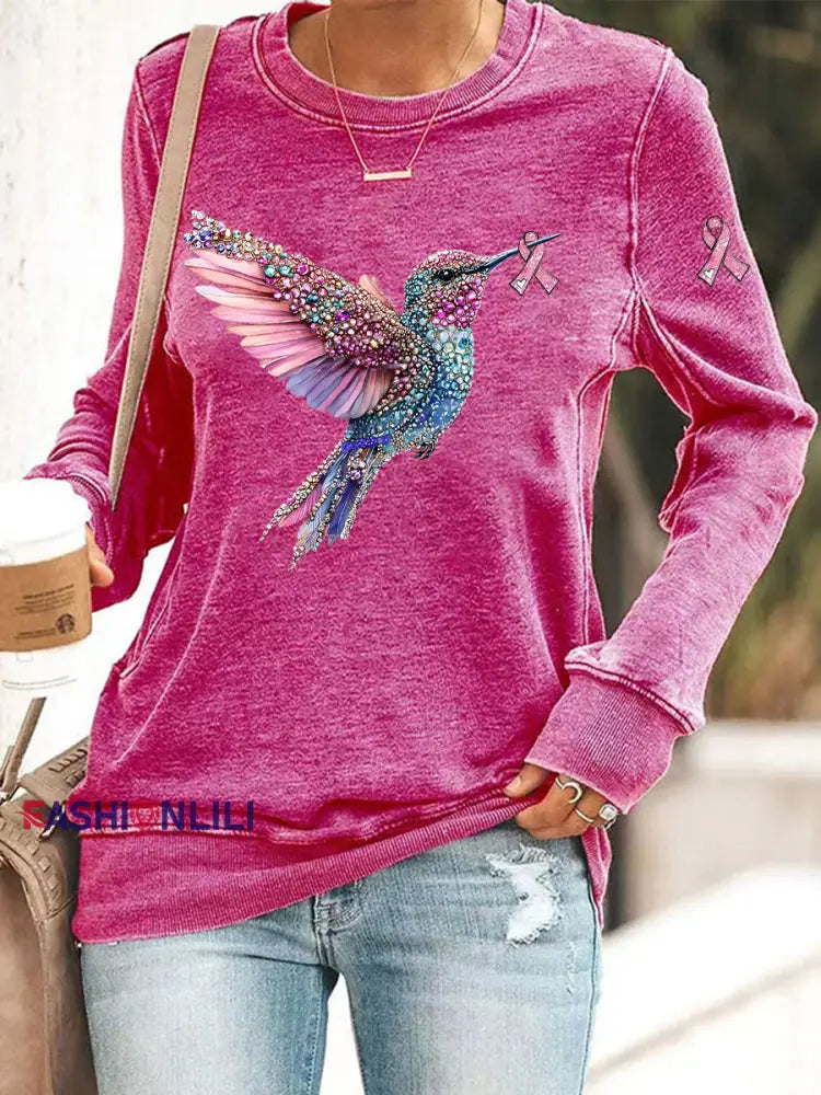 Women’s Pink Hummingbird Print Casual Sweatshirt Rose Red / S