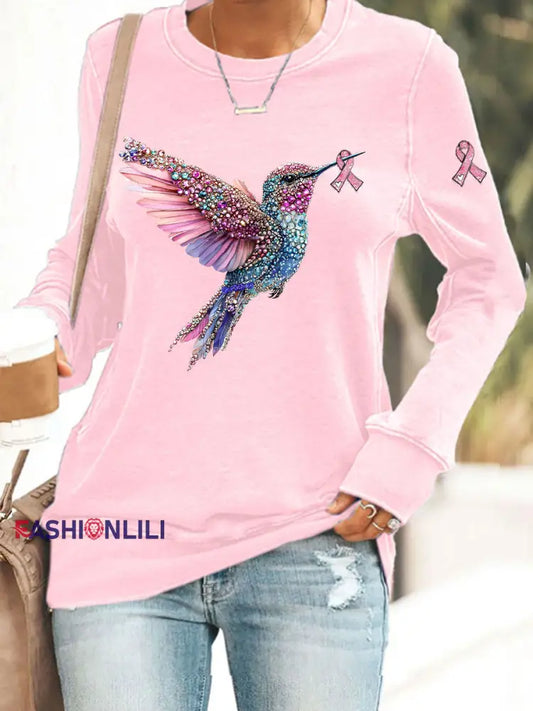 Women’s Pink Hummingbird Print Casual Sweatshirt Pink / S