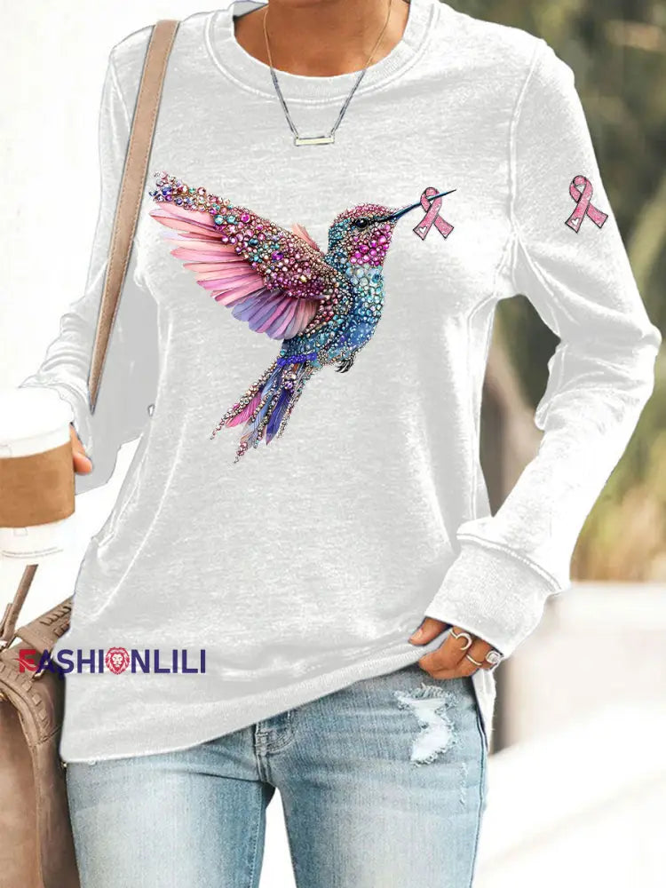 Women’s Pink Hummingbird Print Casual Sweatshirt White / S