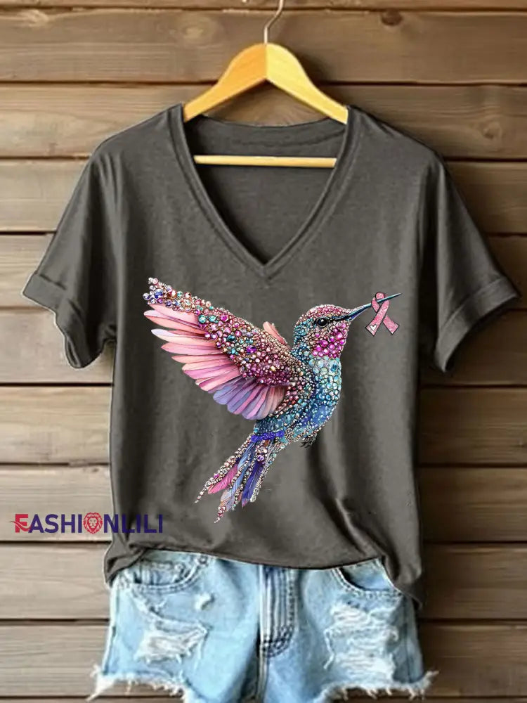Women’s Pink Hummingbird Print Casual T shirt Dark Gray / S