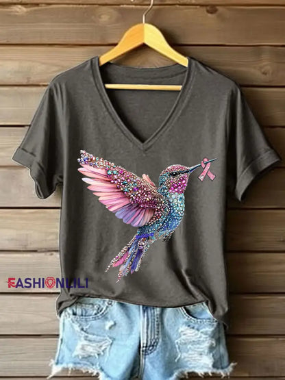 Women’s Pink Hummingbird Print Casual T shirt Dark Gray / S