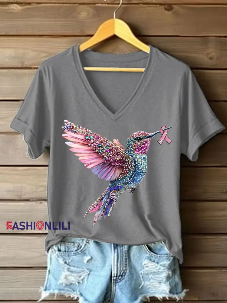 Women’s Pink Hummingbird Print Casual T shirt Light Gray / S