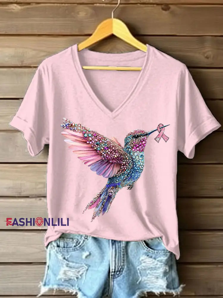 Women’s Pink Hummingbird Print Casual T shirt Light Pink / S