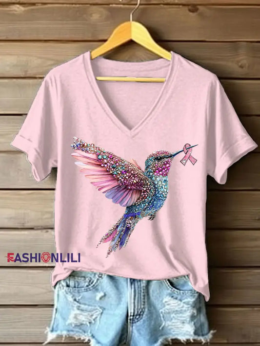 Women’s Pink Hummingbird Print Casual T shirt Light Pink / S