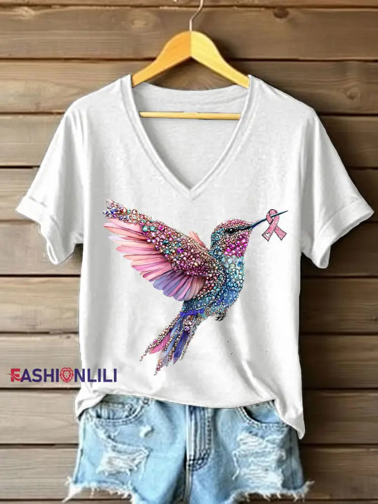 Women’s Pink Hummingbird Print Casual T shirt White / S