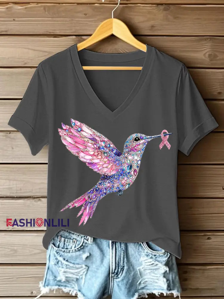 Women’s Pink Hummingbird Print T shirt Dark Gray / S