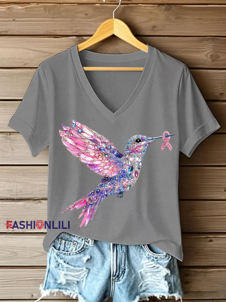 Women’s Pink Hummingbird Print T shirt Light Gray / S