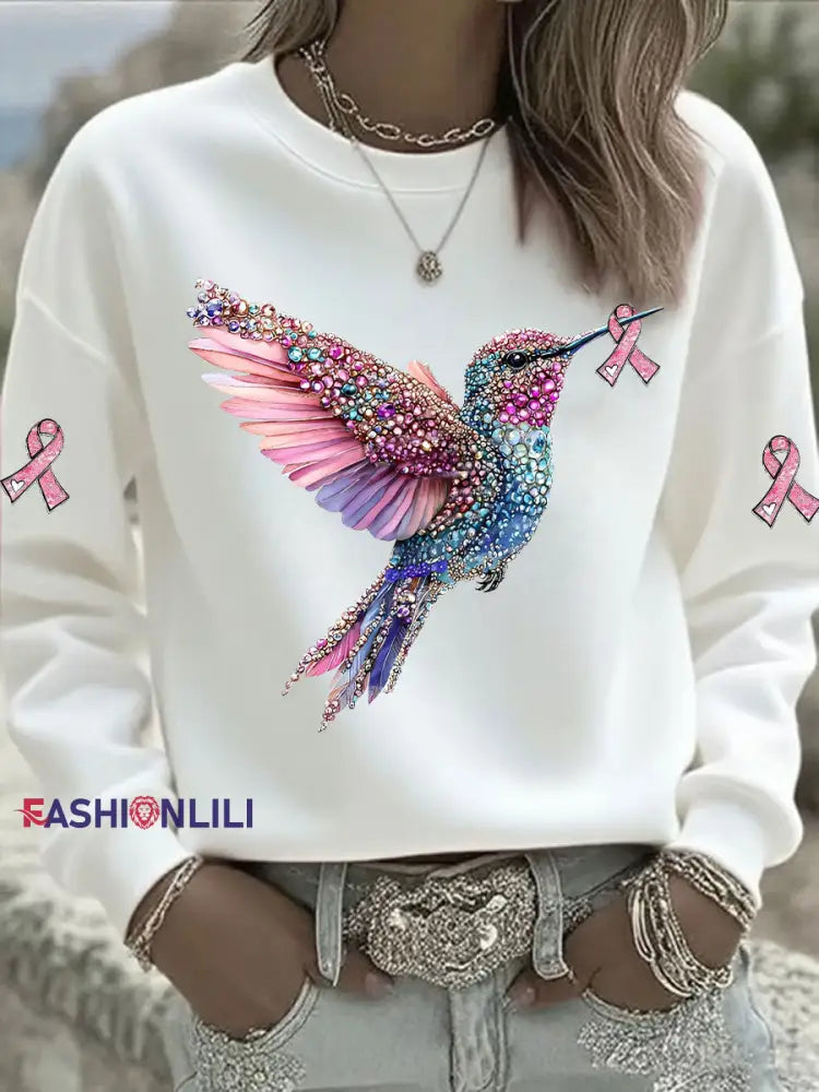 Women’s Pink Hummingbird Printed Sweatshirt White / S