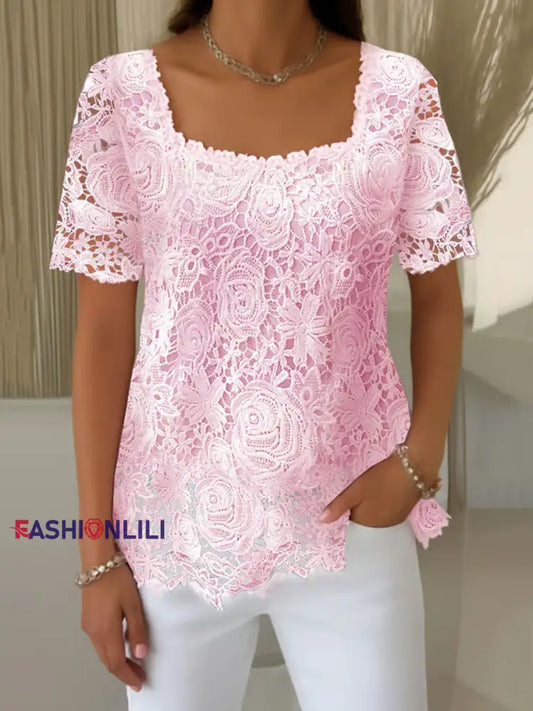 Women’s Pink Lace Print Casual T shirt Pink / S
